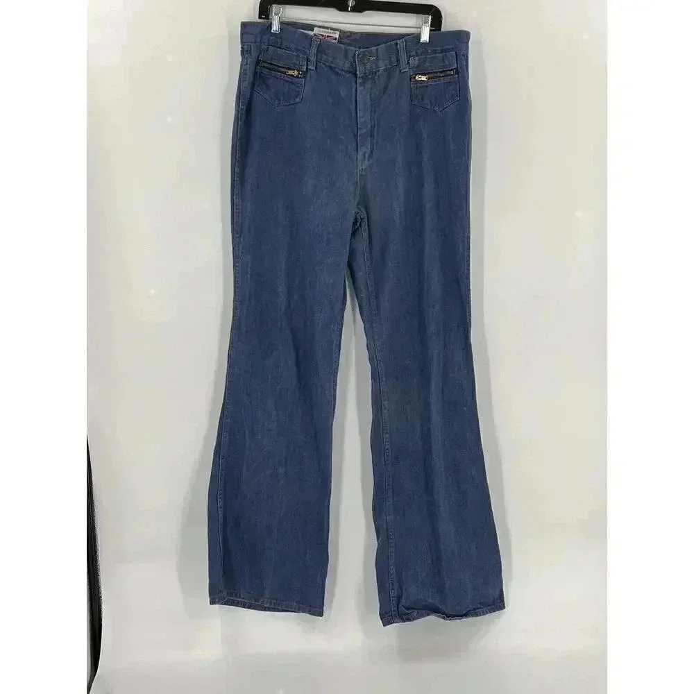 Vintage Royal Crown Blue Jeans Zipper Pockets Flare Wide Leg Size 38 (37Wx35L)